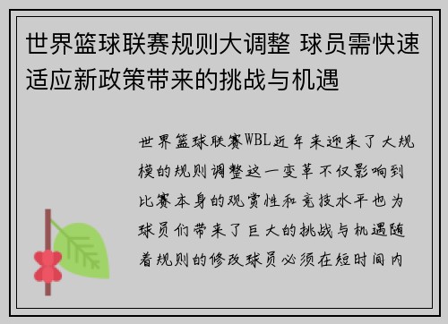 世界篮球联赛规则大调整 球员需快速适应新政策带来的挑战与机遇