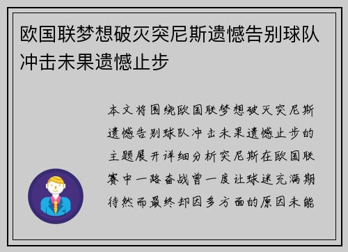 欧国联梦想破灭突尼斯遗憾告别球队冲击未果遗憾止步