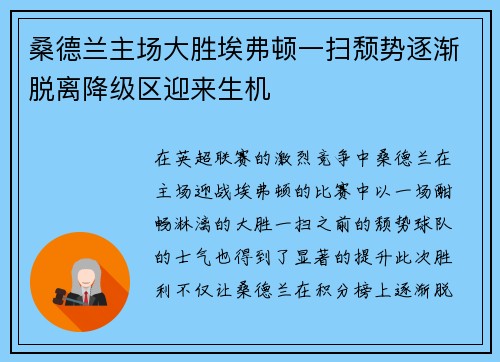 桑德兰主场大胜埃弗顿一扫颓势逐渐脱离降级区迎来生机